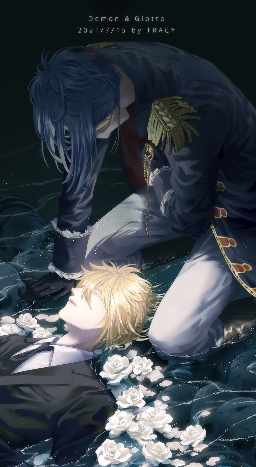 2boys, afloat, black_background, black_footwear, black_gloves, black_jacket, black_necktie, blonde_hair