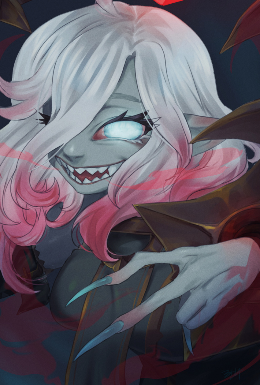 1girl, ahoge, blue_eyes, blue_nails, briar_(league_of_legends), colored_skin, fingernails, grey_hair, hair_between_eyes, hair_over_one_eye, highres, league_of_legends, long_hair, looking_at_viewer, multicolored_hair, no_pupils, open_mouth, pink_hair, ruga_(vagryu), sharp_fingernails, sharp_teeth, smile, solo, streaked_hair, teeth, two-tone_hair, upper_body, v, vampire