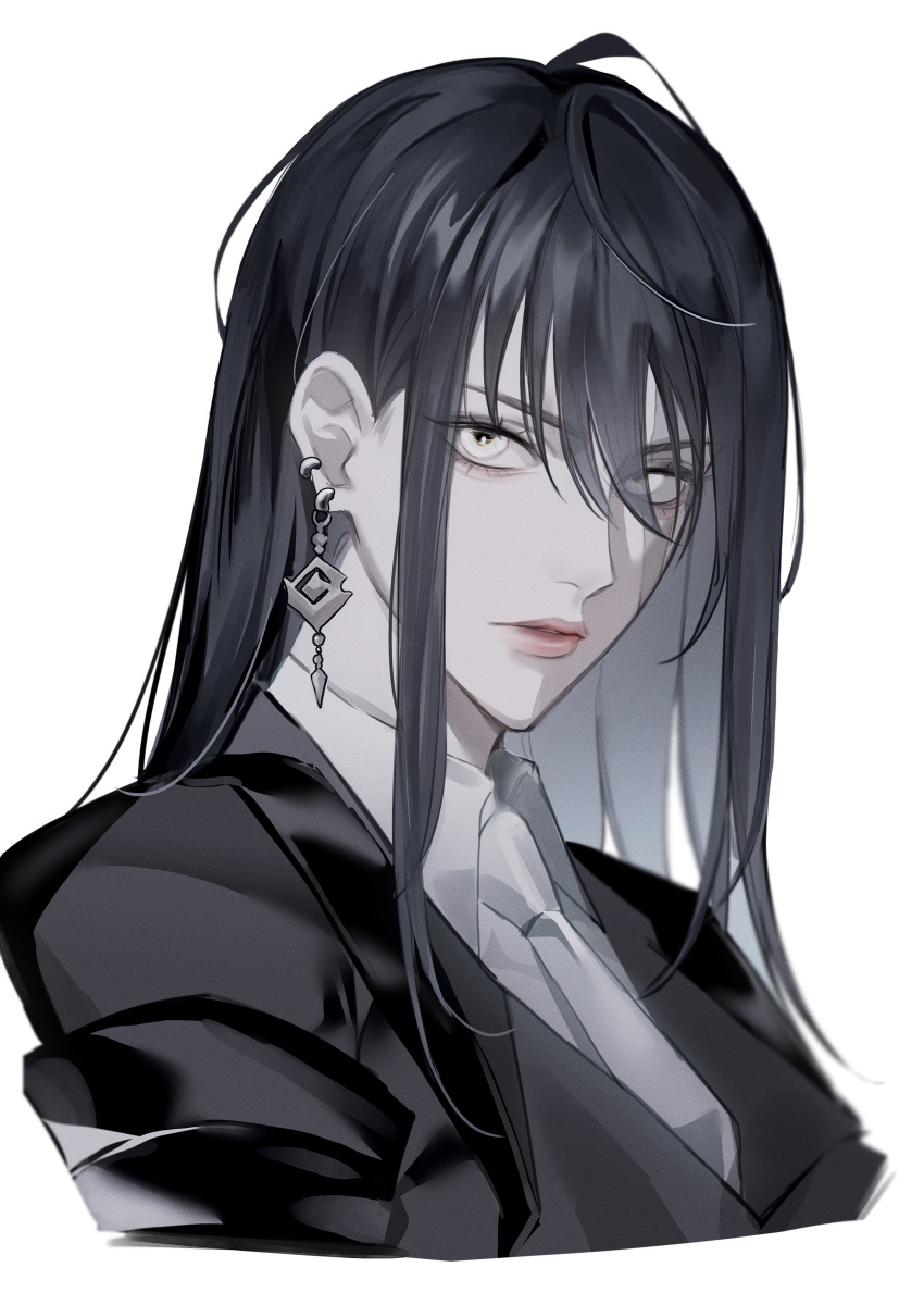 1girl, absurdres, anne_(path_to_nowhere), black_hair, black_jacket, collared_shirt, ear_piercing, earrings, grey_necktie, grey_shirt, hair_between_eyes, highres, jacket, jewelry, long_hair, looking_at_viewer, necktie, parted_lips, path_to_nowhere, piercing, scar, scar_across_eye, scar_on_face, shirt, simple_background, solo, toho10min, upper_body, white_background, white_eyes
