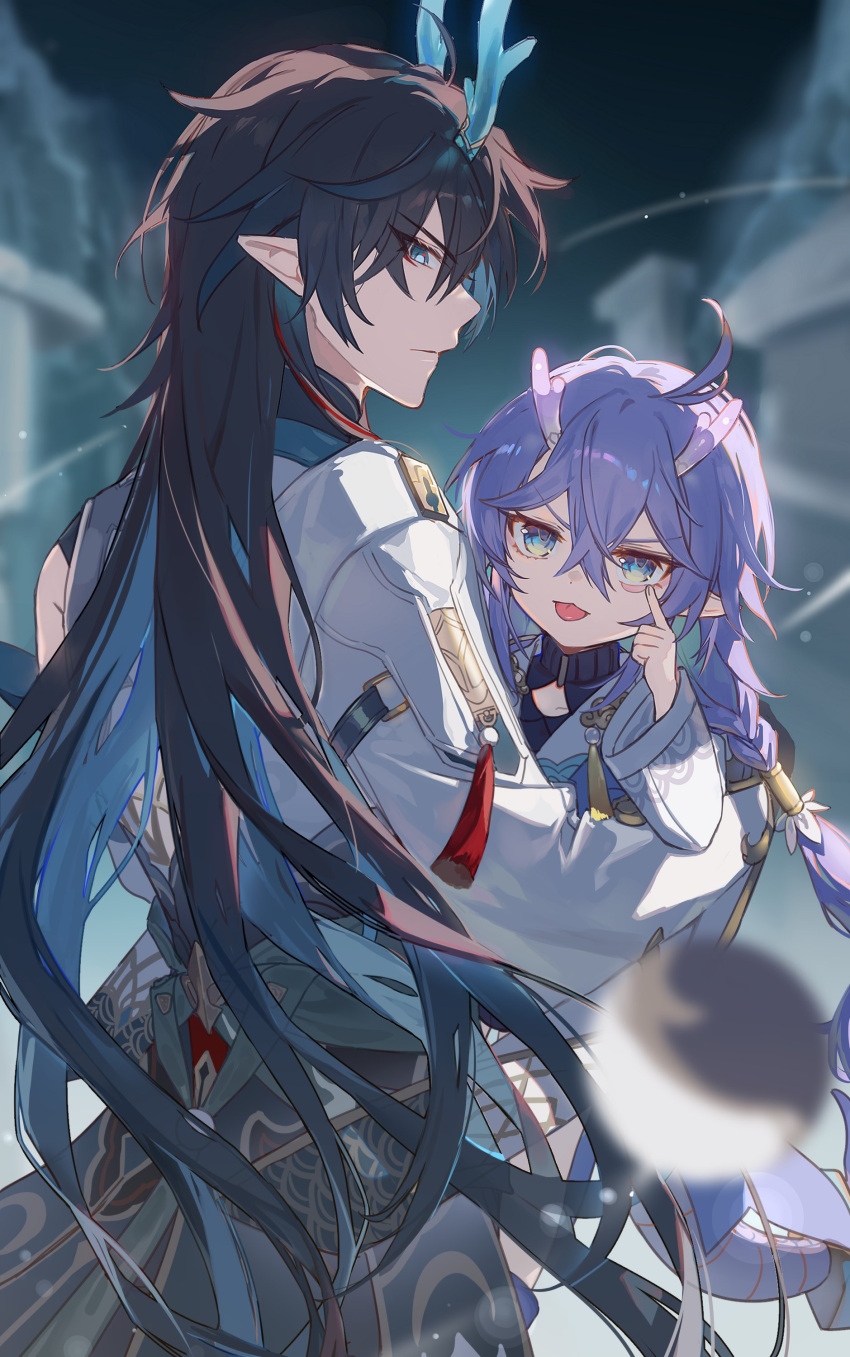 1boy, 1girl, absurdres, bailu_(honkai:_star_rail), carrying, carrying_person, dan_heng_(honkai:_star_rail), dan_heng_(imbibitor_lunae)_(honkai:_star_rail)
