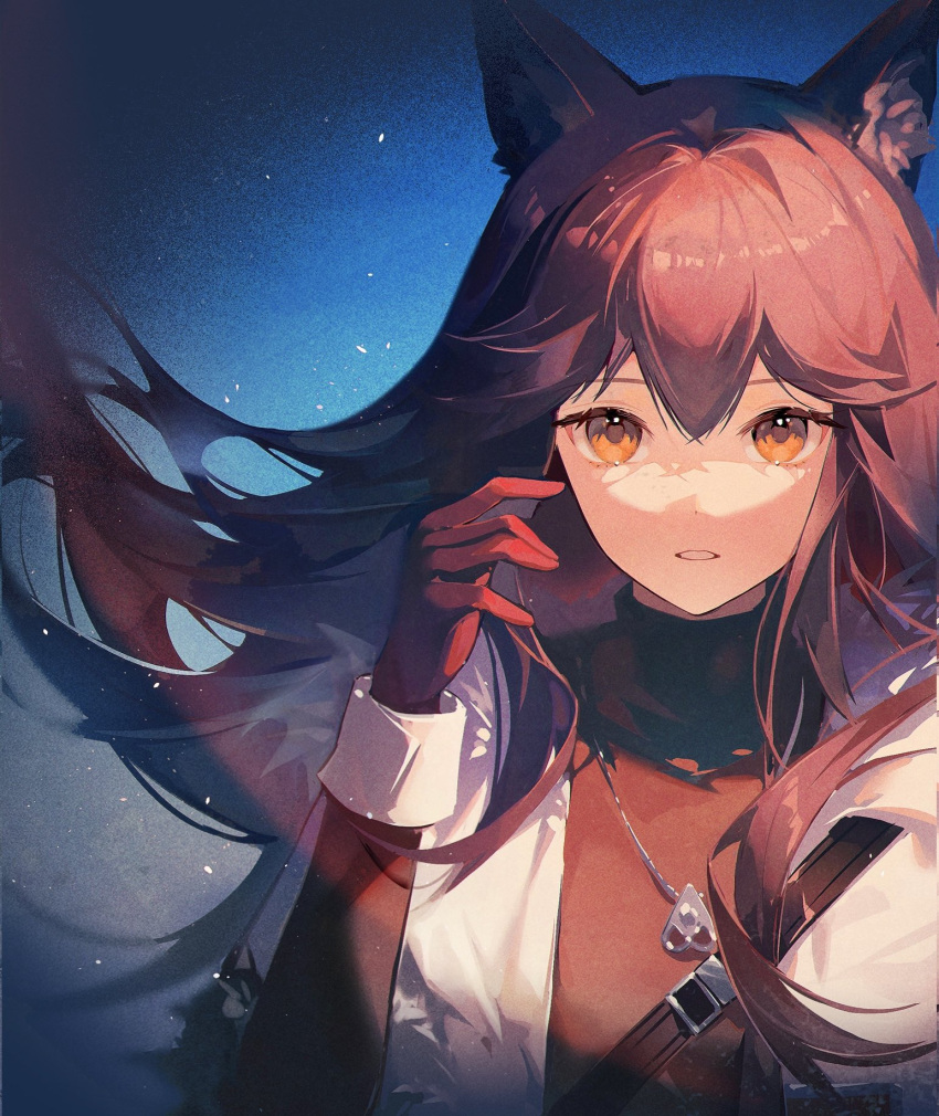1girl, animal_ear_fluff, animal_ears, arknights, black_hair, black_shirt, commentary_request, fur-trimmed_jacket
