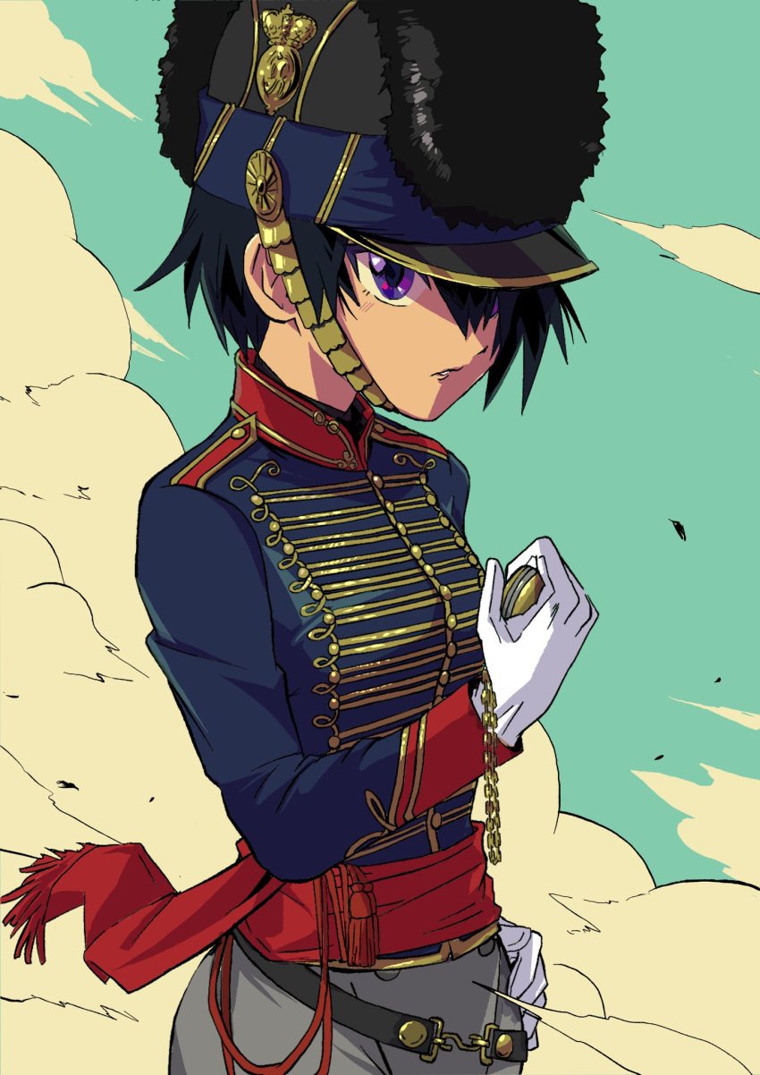 1girl, army, belt, black_hair, blue_sky, british_army, buttons, dragoon_helmet, epaulettes, hair_over_one_eye, hand_on_own_hip, hat, highres, holding, holding_pocket_watch, jacket, looking_at_viewer, military, military_hat, military_uniform, original, pocket_watch, red_sash, sash, short_hair, sky, smoke, soldier, solo, standing, uniform, upper_body, violet_eyes, watch, wind, zeinikunosekai