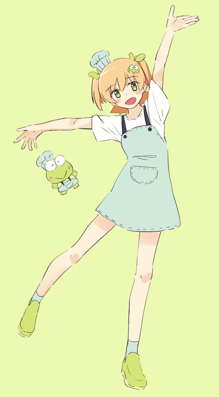 1boy, 1girl, :>, :d, absurdres, apron, arm_up, blonde_hair