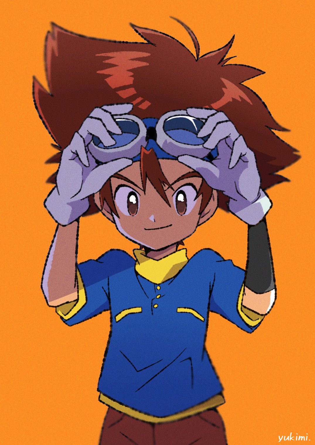 1boy, adjusting_goggles, arms_up, artist_name, blue_hairband, blue_shirt, breast_pocket, brown_eyes, brown_hair, brown_shorts, buttons, cowboy_shot, digimon, digimon_adventure, gloves, goggles, goggles_on_head, hair_between_eyes, hairband, highres, long_hair, male_focus, orange_background, pocket, shirt, short_sleeves, shorts, simple_background, smile, solo, white_gloves, yagami_taichi, yukimi_(kurumi-no-naruki)