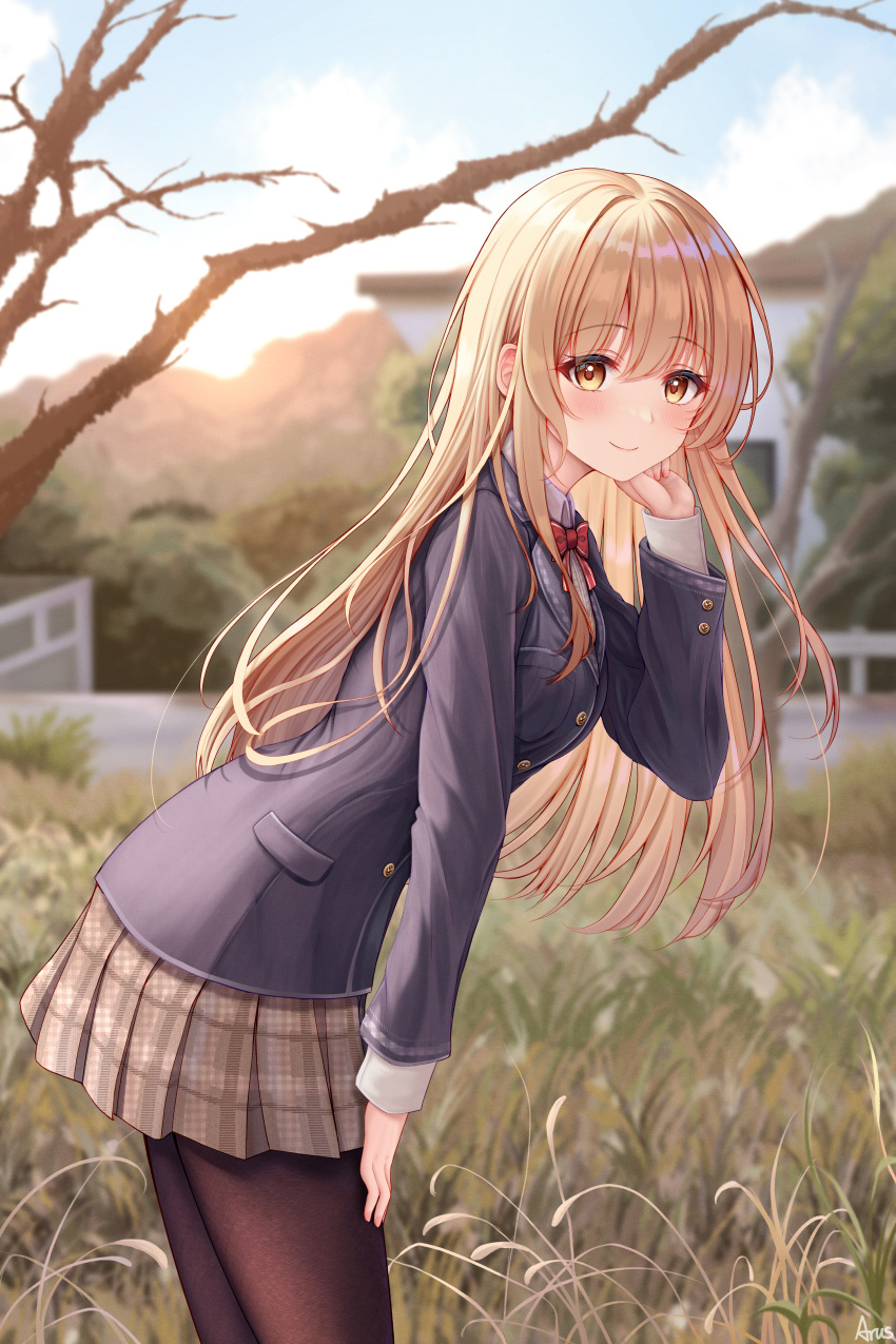 1girl, absurdres, arus, blazer, blush, bow, bowtie, brown_pantyhose