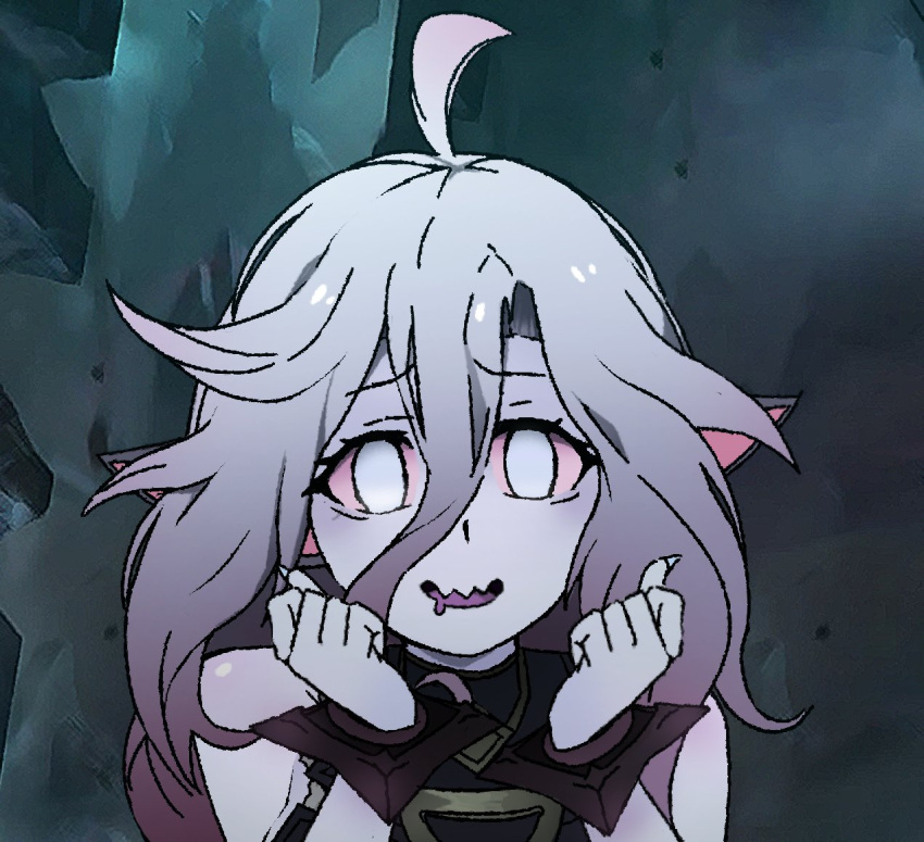 1girl, :d, ahoge, bare_shoulders, briar_(league_of_legends), drooling, gradient_background, grey_eyes