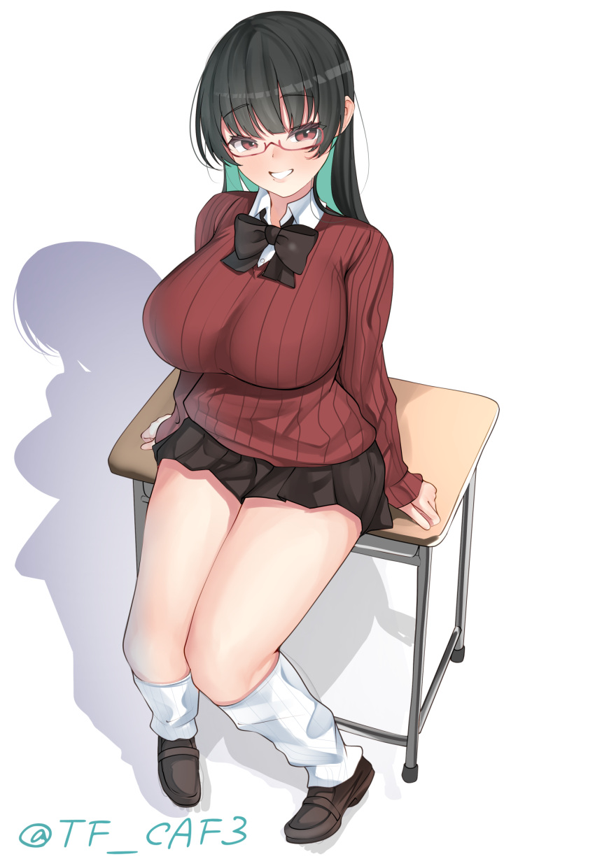 1girl, alternate_costume, black_hair, black_neckerchief, black_skirt, blush, breasts, brown_cardigan