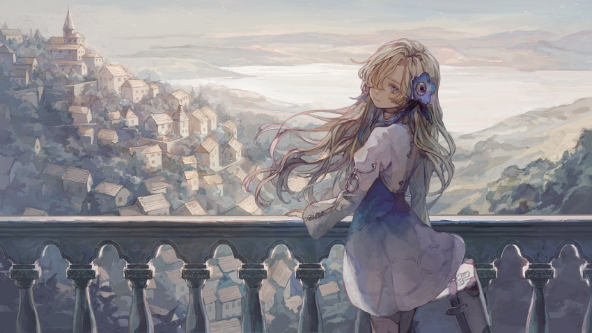 1girl, blonde_hair, blue_flower, building, closed_mouth, commentary_request, dress, flower