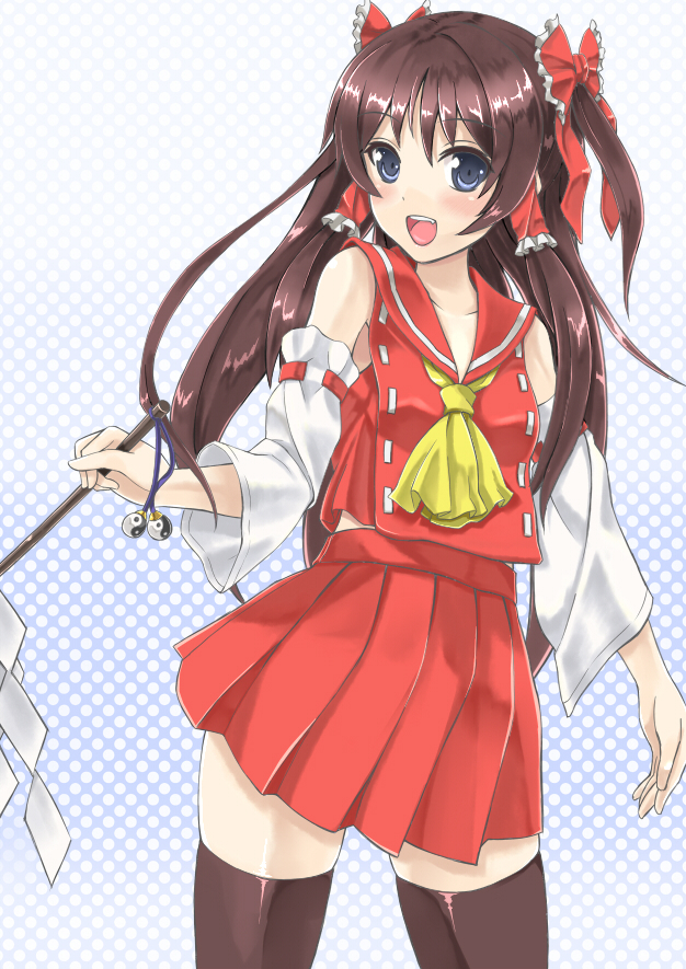 adapted_costume, alternate_hairstyle, bad_id, black_legwear, black_thighhighs, blue_eyes, blush, bow
