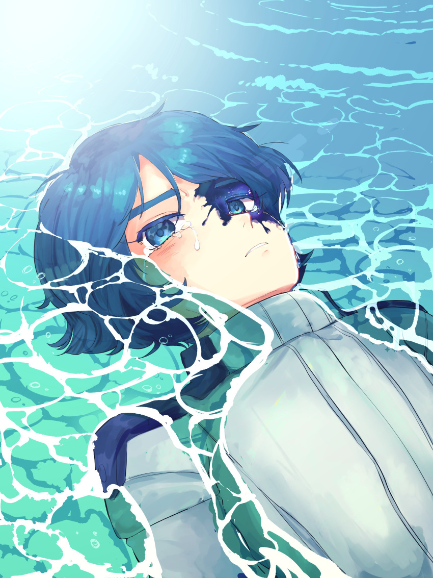 1boy, absurdres, afloat, blue_eyes, blue_hair, caustics, colored_eyelashes, comet