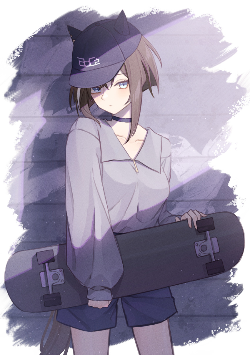 1girl, absurdres, animal_ears, baseball_cap, blue_eyes, blue_shorts, boc'z_(umamusume), breasts, brown_hair, cheval_grand_(boc'z)_(umamusume), cheval_grand_(umamusume), choker, closed_mouth, grey_shirt, hat, highres, holding, holding_skateboard, horse_ears, horse_girl, horse_tail, isana615, long_sleeves, looking_at_viewer, medium_hair, multicolored_hair, shirt, short_shorts, shorts, skateboard, sleeves_past_wrists, small_breasts, solo, streaked_hair, tail, umamusume