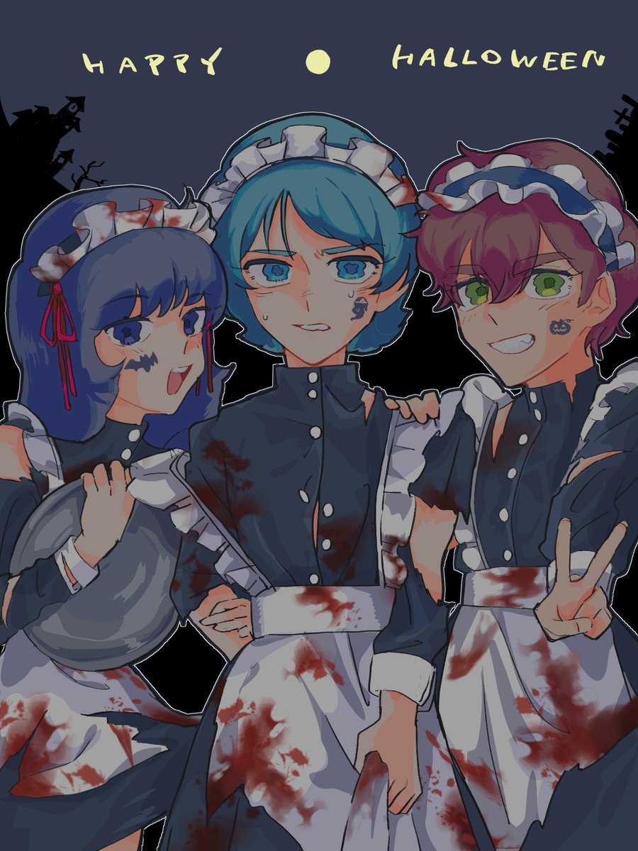 1girl, 2boys, :d, alternate_costume, animal_print, apron, bat_print, black_dress