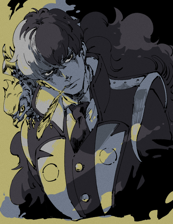 1boy, ace_attorney, animal, bird, buttons, closed_mouth, collared_shirt, cropped_torso, feather_in_mouth, hawk, high_collar, jacket, lapels, limited_palette, long_hair, looking_at_viewer, low_ponytail, male_focus, multicolored_hair, necktie, shino_(shino_dgs), shirt, simon_blackquill, solo, taka_(ace_attorney), two-tone_hair, upper_body, very_long_hair