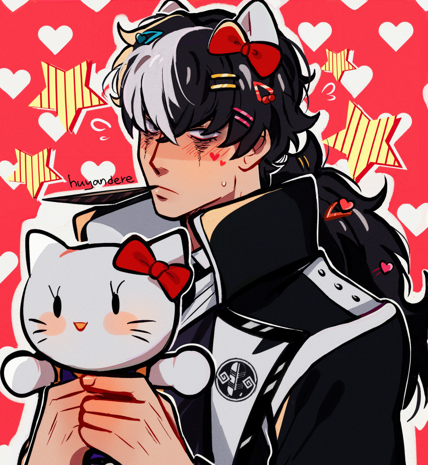 1boy, absurdres, ace_attorney, animal_ears, artist_name, black_hair, black_jacket, blush