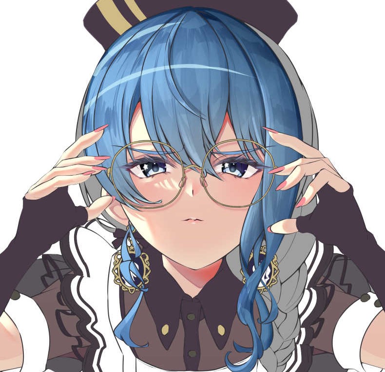 1girl, black_dress, blue_eyes, blue_hair, braid, dress, earrings, fingerless_gloves