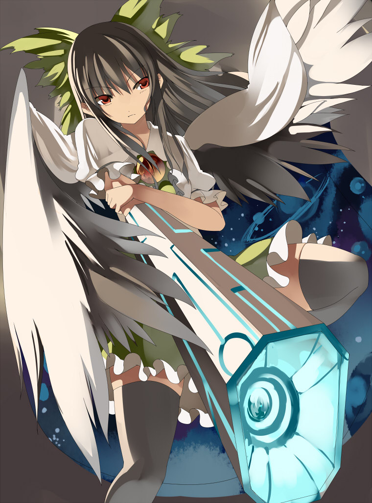 arm_cannon, black_hair, black_legwear, holding_arm, jpeg_artifacts, kureha, kureha_(ironika), reiuji_utsuho
