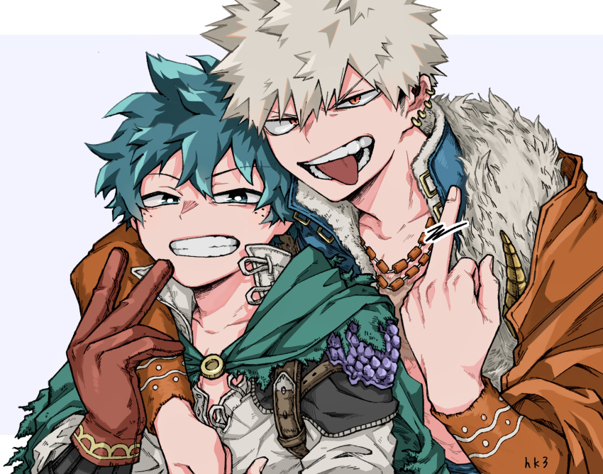 2boys, 2nd_popularity_poll_(boku_no_hero_academia), absurdres, alternate_hair_color, anime_coloring, aqua_eyes, aqua_hair, arm_over_shoulder, artist_name, bakugou_katsuki, blue_vest, boku_no_hero_academia, bright_pupils, cape, censored, collarbone, ear_piercing, earrings, freckles, fukami_(hk3), fur-trimmed_vest, fur_(clothing), fur_shawl, furrowed_brow, gloves, green_cape, grey_hair, grey_shirt, grin, hair_between_eyes, hand_on_another's_arm, hand_up, happy, head_on_head, head_rest, high_collar, highres, jewelry, leaning_on_person, letterboxed, looking_at_viewer, male_focus, middle_finger, midoriya_izuku, multiple_boys, multiple_necklaces, multiple_piercings, narrowed_eyes, necklace, no_shirt, official_alternate_costume, open_collar, open_mouth, orange_sleeves, outside_border, piercing, pointless_censoring, purple_background, red_eyes, red_gloves, scar, scar_on_chest, shawl, shirt, short_hair, shoulder_pads, single_shoulder_pad, slit_pupils, smile, spiky_hair, spoilers, teeth, torn_cape, torn_clothes, uneven_eyes, upper_body, v, v-shaped_eyebrows, vest, white_pupils, yellow_brooch