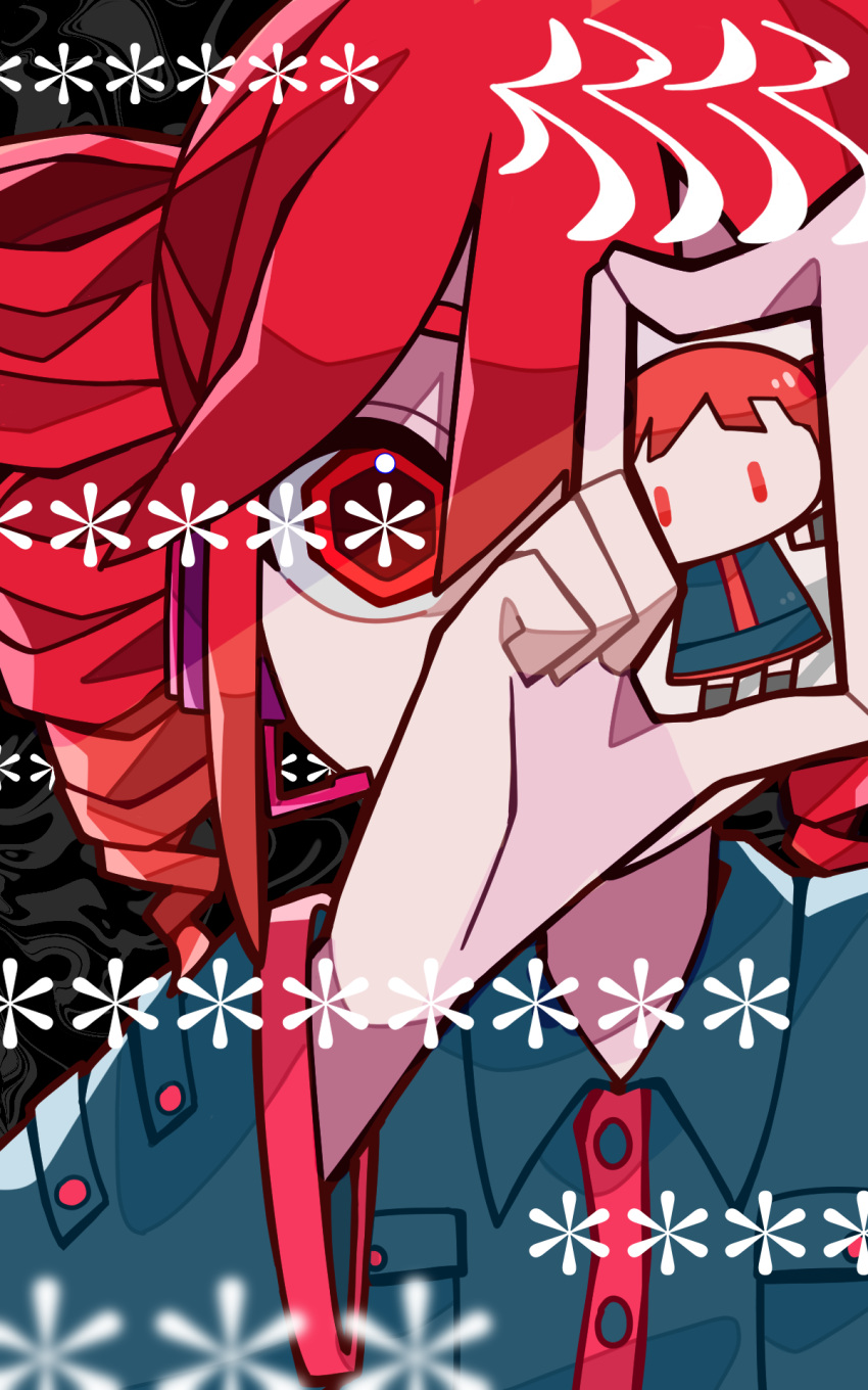 2girls, asterisk_(symbol), black_background, black_shirt, black_skirt, blurry, blurry_foreground, bright_pupils
