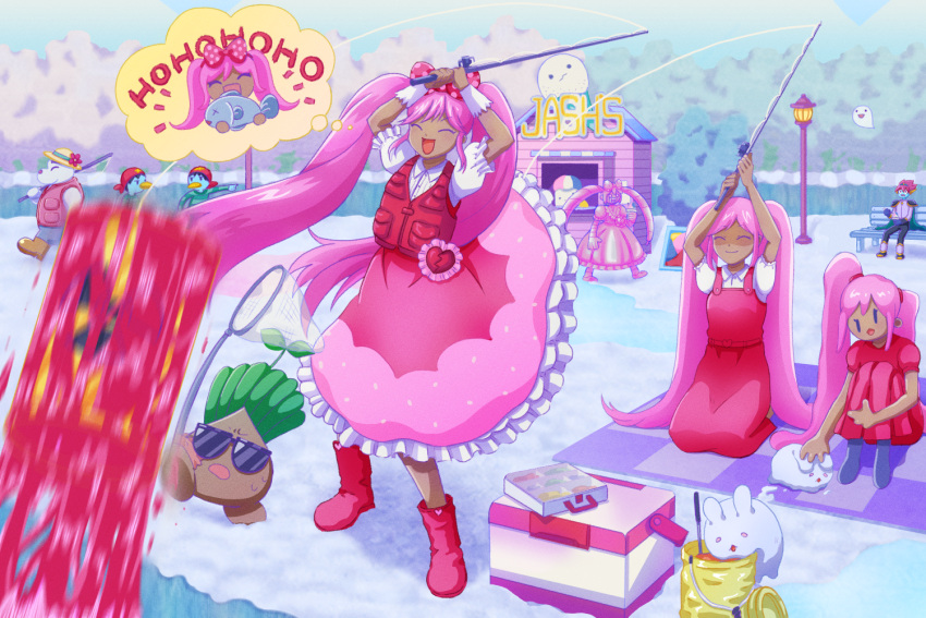 2boys, 4girls, black-framed_eyewear, boots, bow, captain_spaceboy, castella_(castellatape), dark-skinned_female