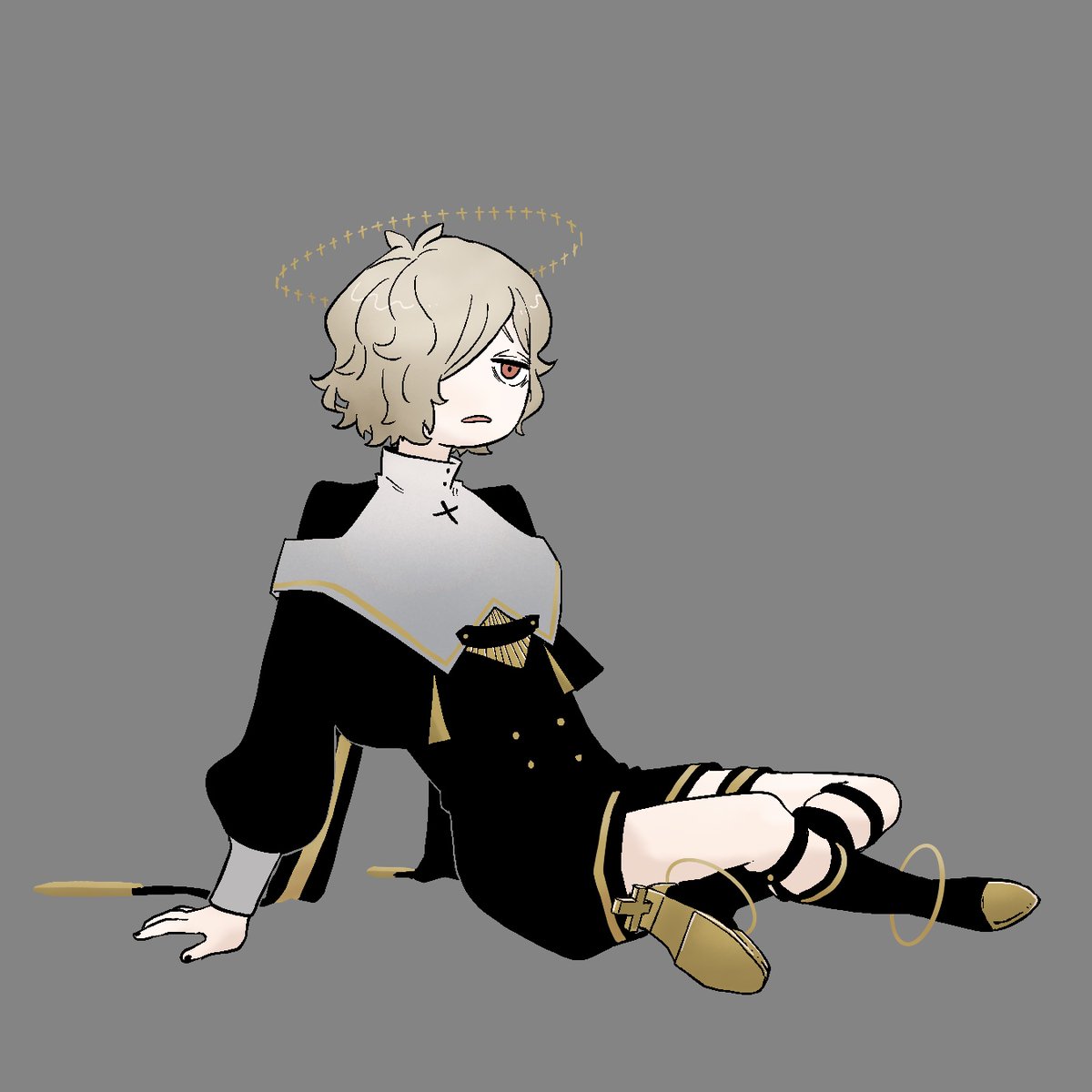 1boy, anklet, antenna_hair, arm_support, bags_under_eyes, bashauma_kaede, black_nails, blonde_hair, boots, capelet, commentary_request, frown, full_body, grey_background, hair_over_one_eye, halo, high_heel_boots, high_heels, highres, indian_style, jewelry, jitome, kazehiki_(utau), knee_boots, leaning_back, long_sleeves, looking_ahead, male_focus, open_mouth, puffy_long_sleeves, puffy_sleeves, raised_eyebrows, red_eyes, short_hair, shorts, simple_background, sitting, sleeve_cuffs, solo, thigh_strap, utau, white_capelet
