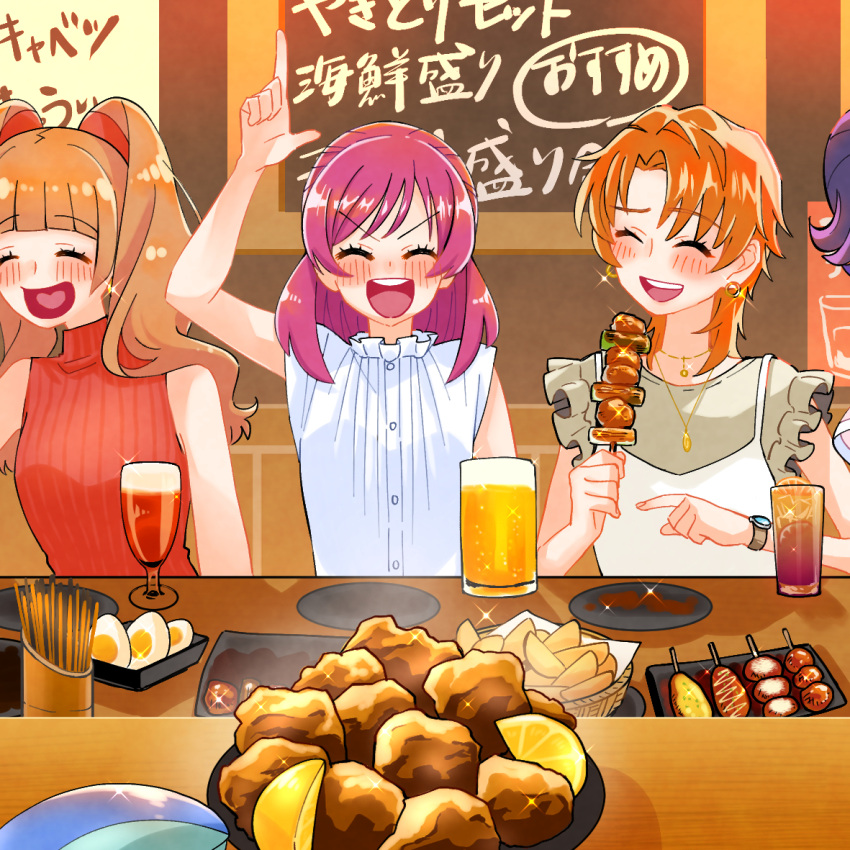 4girls, :d, aisaki_emiru, alcohol, beer, beer_mug, brown_hair, brown_shirt