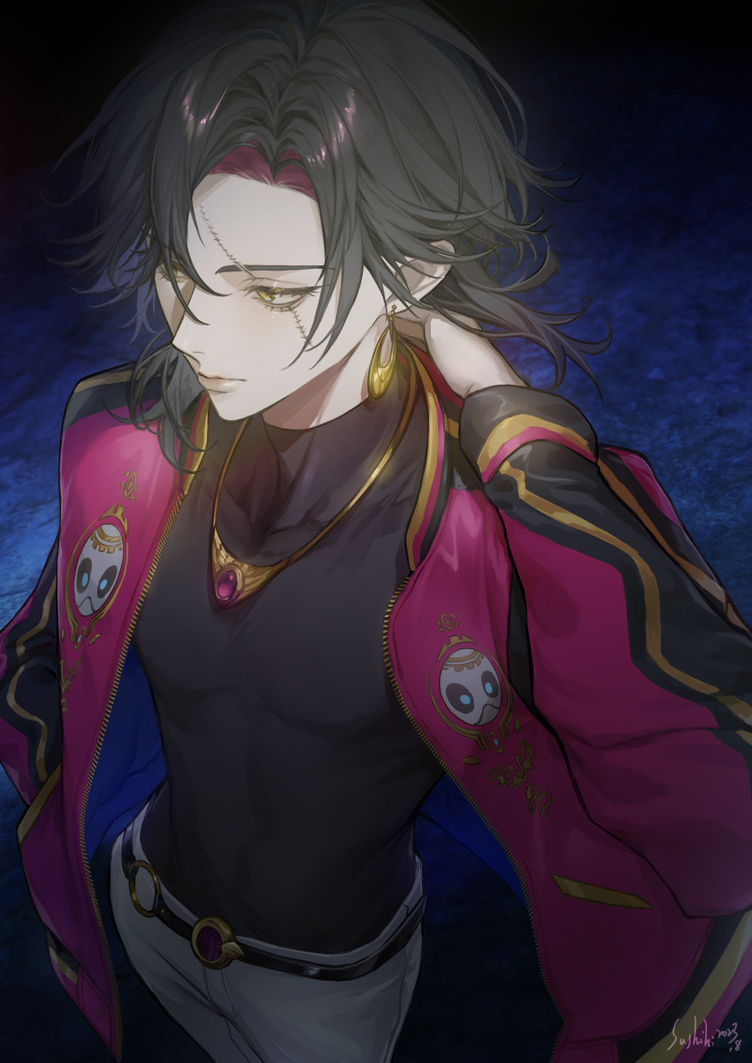 1boy, absurdres, black_hair, black_jacket, earrings, highres, jacket, jewelry