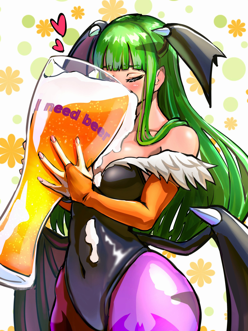 1girl, absurdres, alcohol, animal_print, ap_cammy, bare_shoulders, bat_print, beer, beer_glass, black_leotard, black_wings, blunt_bangs, blush, breasts, bridal_gauntlets, closed_eyes, commentary_request, covered_navel, cup, demon_girl, drinking, elbow_gloves, english_text, eyelashes, feather_trim, fingernails, gloves, green_hair, head_wings, heart, highres, holding, holding_cup, large_breasts, leotard, long_hair, low_wings, morrigan_aensland, orange_gloves, oversized_object, pantyhose, print_pantyhose, purple_pantyhose, solo, spilling, strapless, strapless_leotard, vampire_(game), wings