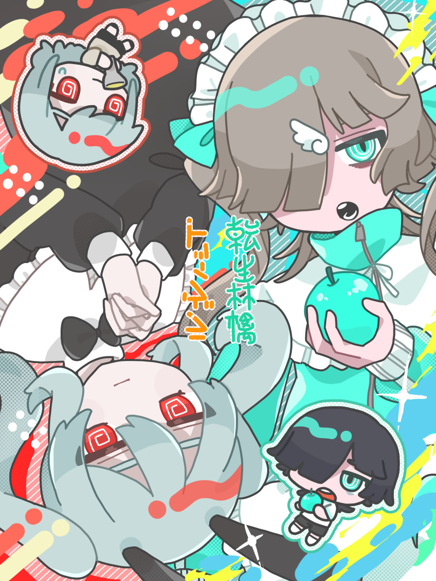4girls, :o, @_@, absurdres, animal_ears, apple, aqua_bow, aqua_eyes, aqua_jacket, black_bow, black_bowtie, black_dress, black_hair, black_shorts, blue_apple, blue_background, bow, bowtie, brown_hair, chibi, chibi_inset, closed_mouth, commentary_request, dress, drop_shadow, dual_persona, flashlight, floating_hair, food, fruit, grey_hair, hair_bow, hair_over_one_eye, halftone, high_collar, highres, holding, holding_flashlight, holding_food, holding_fruit, jacket, jitome, long_hair, long_sleeves, looking_at_viewer, loveit_(vocaloid), maid_headdress, medium_hair, multiple_girls, multiple_hair_bows, one_eye_covered, open_mouth, own_hands_clasped, own_hands_together, rabbit_ears, red_background, red_eyes, ringed_eyes, rotational_symmetry, shirt, shorts, song_name, songover, sparkle, suima_ramu, sweat, t-shirt, teeth, tensei_ringo_(vocaloid), track_jacket, twintails, two-tone_background, white_shirt, wing_hair_ornament