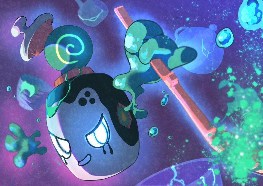 bowl, commentary_request, glowing, glowing_eyes, grin, highres, holding, holding_stick