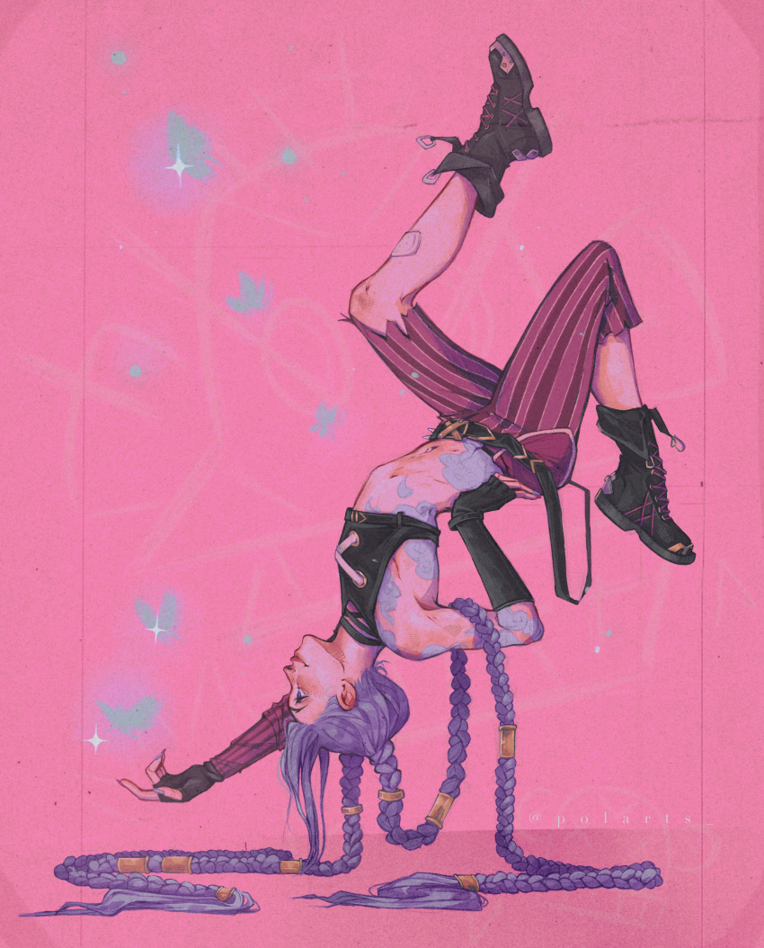 1girl, absurdres, arcane:_league_of_legends, arm_tattoo, artist_name, black_footwear, black_gloves, black_shirt