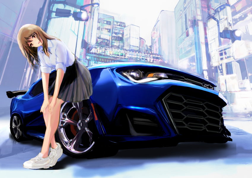 1girl, amatsunatsu_hachiko, brown_eyes, brown_hair, car, chevrolet, chevrolet_camaro, city, cityscape, day, from_below, hands_on_own_knees, head_tilt, leaning_on_object, long_hair, looking_at_viewer, motor_vehicle, muscle_car, original, outdoors, scenery, school_uniform, shadow, sleeves_rolled_up, smile, solo, sports_car, uniform, vehicle_focus, white_footwear
