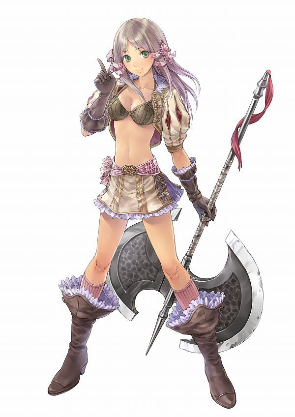 artist_request, atelier_(series), atelier_totori, axe, bangs, belt, belt_buckle, bikini_top, blazer, blush, boots, bra, breasts, cleavage, crop_top, double_bladed_axe, elbow_gloves, frilled_skirt, frills, gloves, green_eyes, grey_hair, hair_ribbon, high_heels, huge_weapon, kishida_mel, knee_boots, kneehighs, legs, lingerie, long_hair, looking_at_viewer, mervia_siebel, midriff, miniskirt, narrow_waist, navel, o-ring_top, official_art, open_clothes, open_shirt, parted_bangs, payot, pink_legwear, pointing, ribbon, shirt, shoes, silver_hair, simple_background, skirt, smile, socks, solo, source_request, spread_legs, standing, weapon, white_background