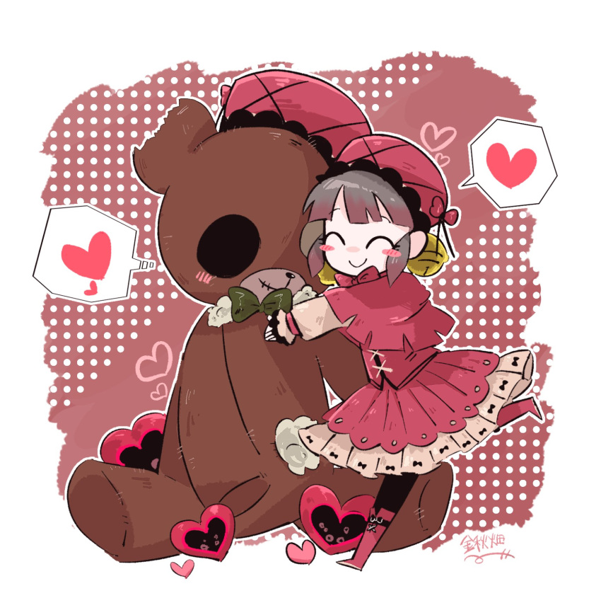 1girl, bell, beret, blush, boots, capelet, closed_eyes, closed_mouth
