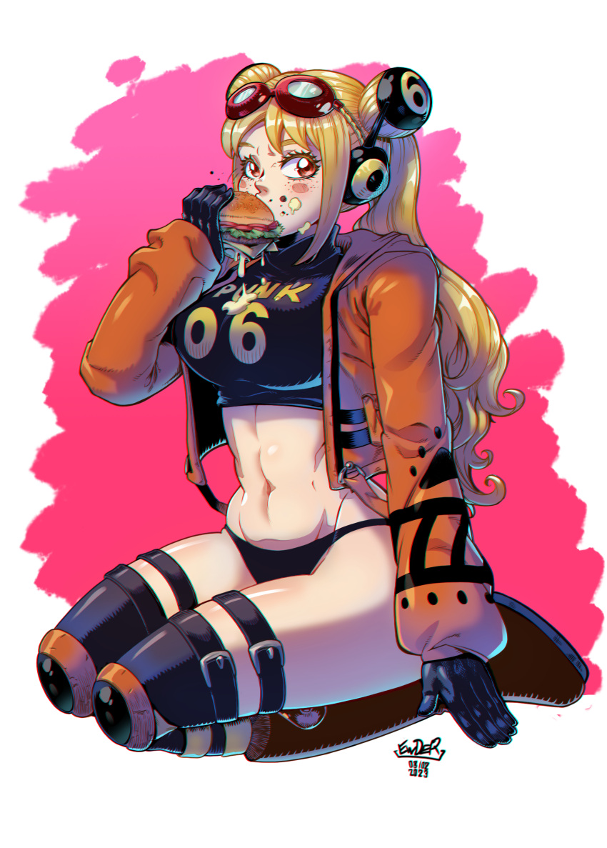 1girl, absurdres, black_gloves, blonde_hair, breasts, double_bun, eating, ewder