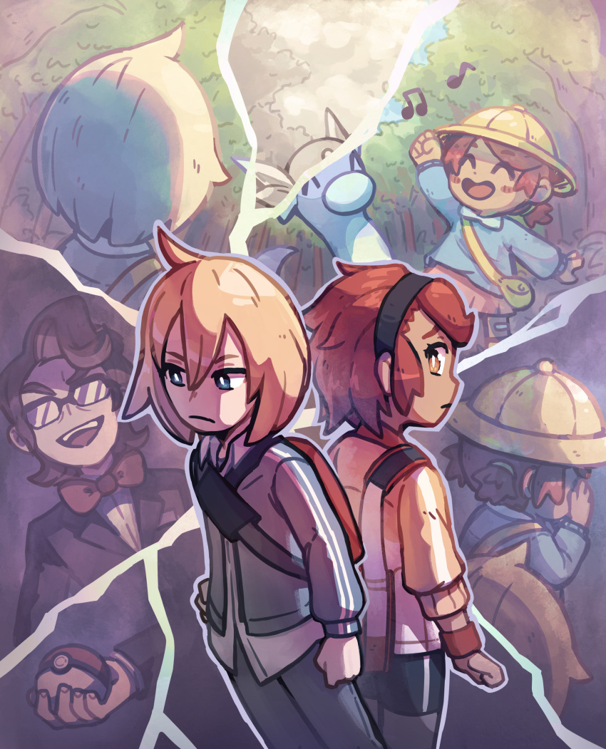 1girl, 2boys, absurdres, back-to-back, bag, before_and_after, blonde_hair, bow, bowtie, child, collector_(pokemon), dratini, glasses, hairband, hands_on_own_face, highres, holding, holding_poke_ball, lollitree, multiple_boys, musical_note, orange_eyes, paulo_(pokemon), poke_ball, poke_ball_(basic), pokemon, pokemon_(game), pokemon_masters_ex, redhead, smile, tina_(pokemon), tree, yellow_headwear