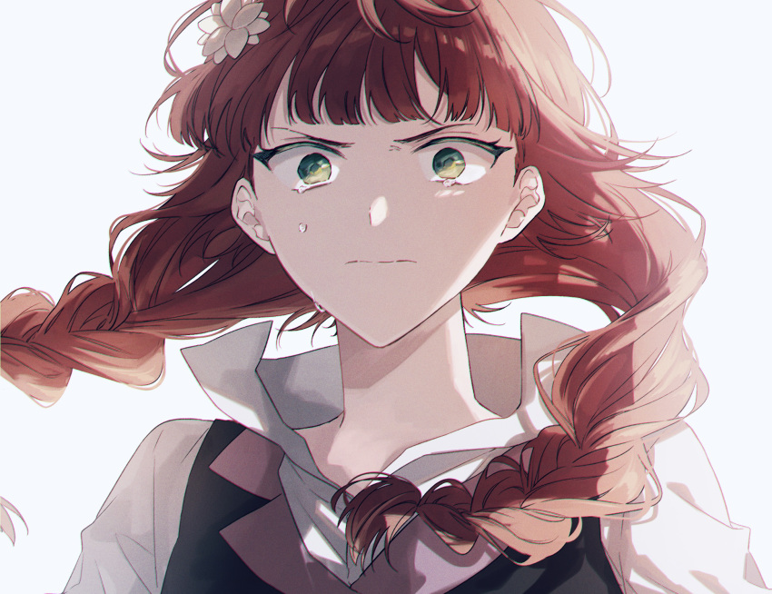 1girl, braid, bungou_stray_dogs, closed_mouth, floating_hair, flower, green_eyes, hair_flower, hair_ornament, highres, long_hair, looking_at_viewer, lucy_maud_montgomery_(bungou_stray_dogs), portrait, redhead, solo, tears, twin_braids, white_flower, yoichi_hnkn