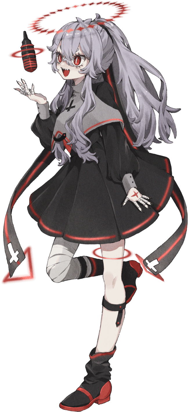 1girl, antenna_hair, asymmetrical_footwear, asymmetrical_legwear, bad_link, bandaged_fingers, bandaged_leg, bandages, black_dress, black_nails, boots, bright_pupils, cross, crossed_bangs, dress, full_body, gekiyaku, grey_hair, hair_between_eyes, hair_ribbon, halo, hand_up, highres, hikimayu, inverted_cross, knee_boots, kuru2suuzi, long_hair, long_ribbon, long_sleeves, looking_ahead, loose_footwear, microphone, official_art, open_mouth, ponytail, puffy_long_sleeves, puffy_sleeves, red_eyes, red_halo, ribbon, second-party_source, sharp_teeth, sidelocks, sleeve_cuffs, slit_pupils, smile, solo, standing, standing_on_one_leg, stigmata, studio_microphone, tachi-e, teeth, thigh_strap, transparent_background, uneven_footwear, utau, v-shaped_eyebrows, vocaloid, white_pupils