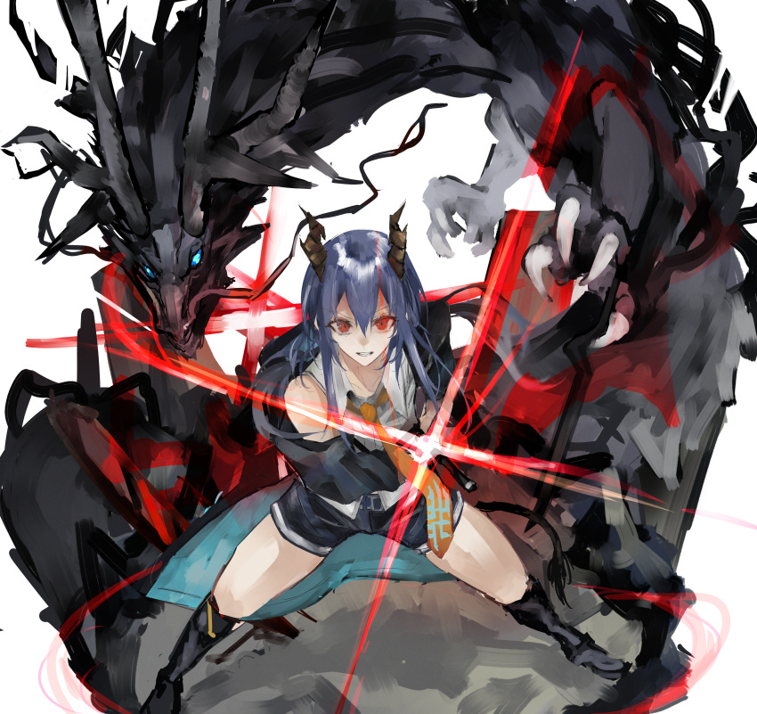 1girl, absurdres, arknights, blue_hair, boots, cape, ch'en_(arknights), chi_xiao_(arknights)
