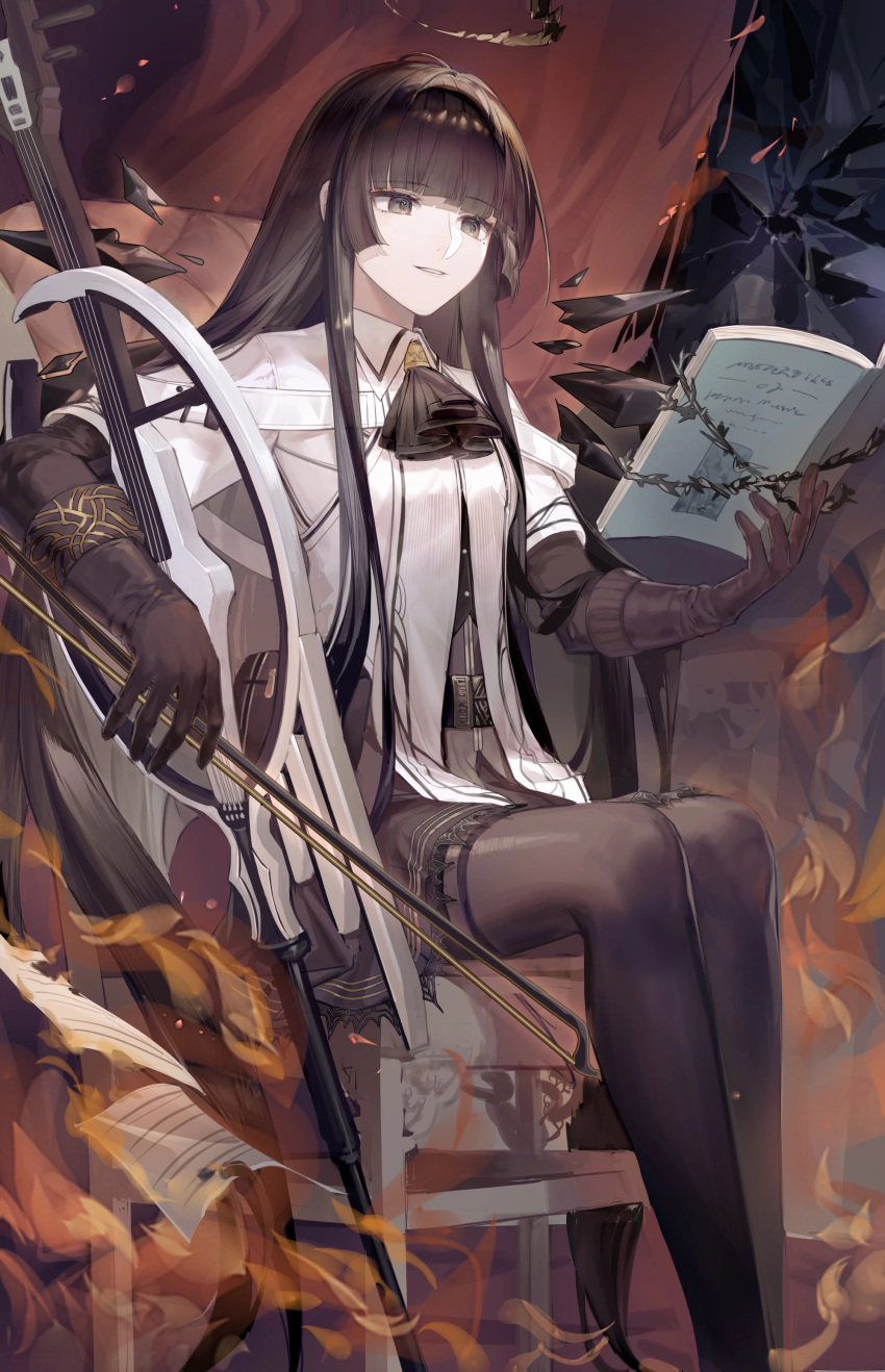 1girl, absurdres, arknights, arturia_(arknights), black_eyes, black_gloves, black_hair, black_halo