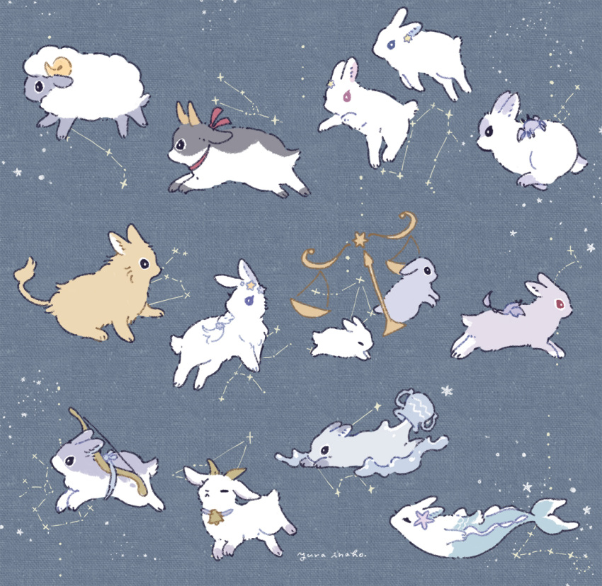 animal_focus, aquarius_(zodiac), aries_(zodiac), artist_name, bell, blue_background, bow_(weapon), braid