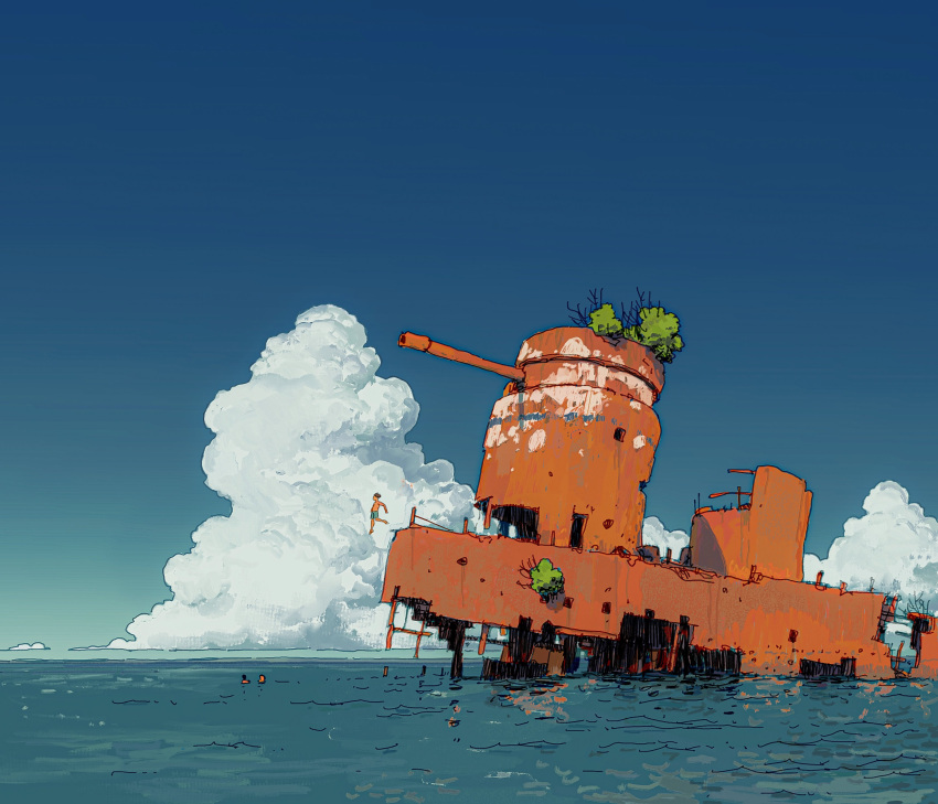 1boy, 2others, abandoned, absurdres, afloat, alariko, blue_sky, blue_swim_trunks