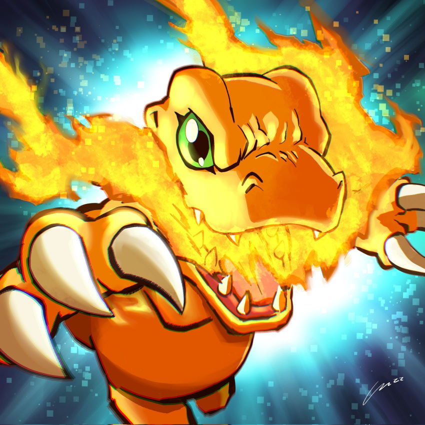 agumon, breathing_fire, carloromeroart, claws, digimon, digimon_(creature), fire, highres