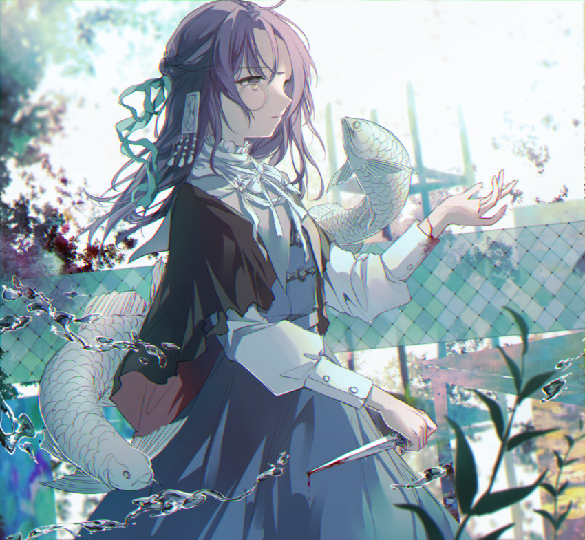 1girl, aqua_ribbon, black_capelet, blood, blood_on_clothes, blood_on_weapon, blue_dress, blurry