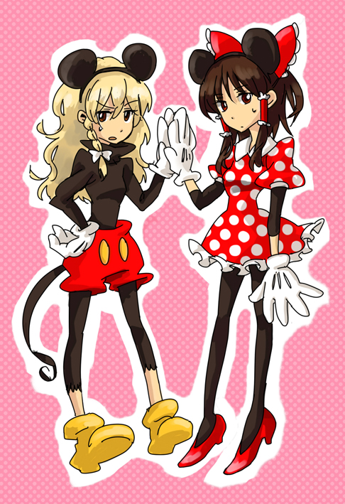 disney, hakurei_reimu, kirisame_marisa, mickey_mouse, mickey_mouse_(cosplay), minnie_mouse, minnie_mouse_(cosplay), pantyhose