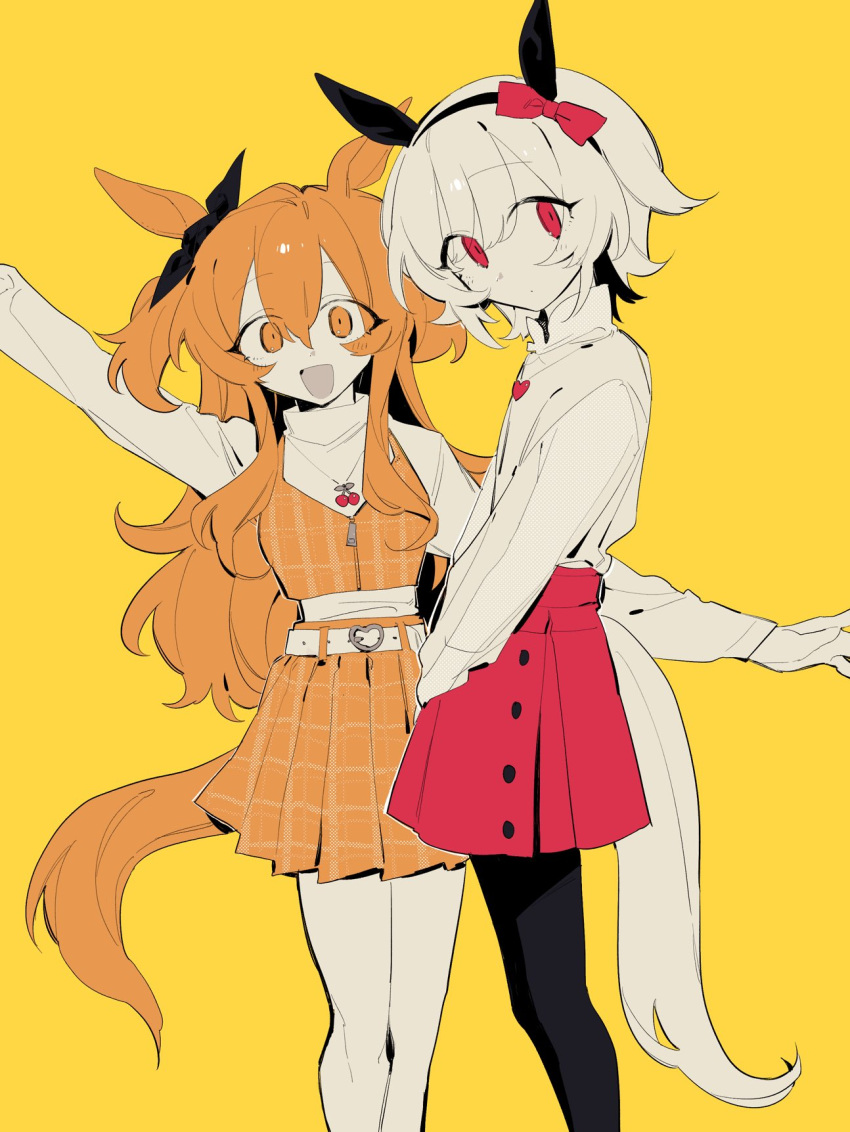 2girls, alternate_costume, animal_ears, arm_up, belt, black_bow, black_hairband, black_pantyhose, bow, cherry_necklace, commentary_request, cropped_vest, curren_chan_(umamusume), ear_covers, feet_out_of_frame, from_side, hair_bow, hairband, heart, heart_necklace, higa423, highres, horse_ears, horse_tail, jewelry, leaning_to_the_side, limited_palette, long_sleeves, looking_at_viewer, looking_to_the_side, mayano_top_gun_(umamusume), multiple_girls, necklace, open_mouth, orange_eyes, orange_hair, orange_vest, pantyhose, plaid, plaid_skirt, pleated_skirt, red_bow, red_eyes, red_skirt, simple_background, skirt, smile, standing, sweater, tail, turtleneck, turtleneck_sweater, two_side_up, umamusume, v_arms, vest, waving, white_belt, white_hair, yellow_background, zipper