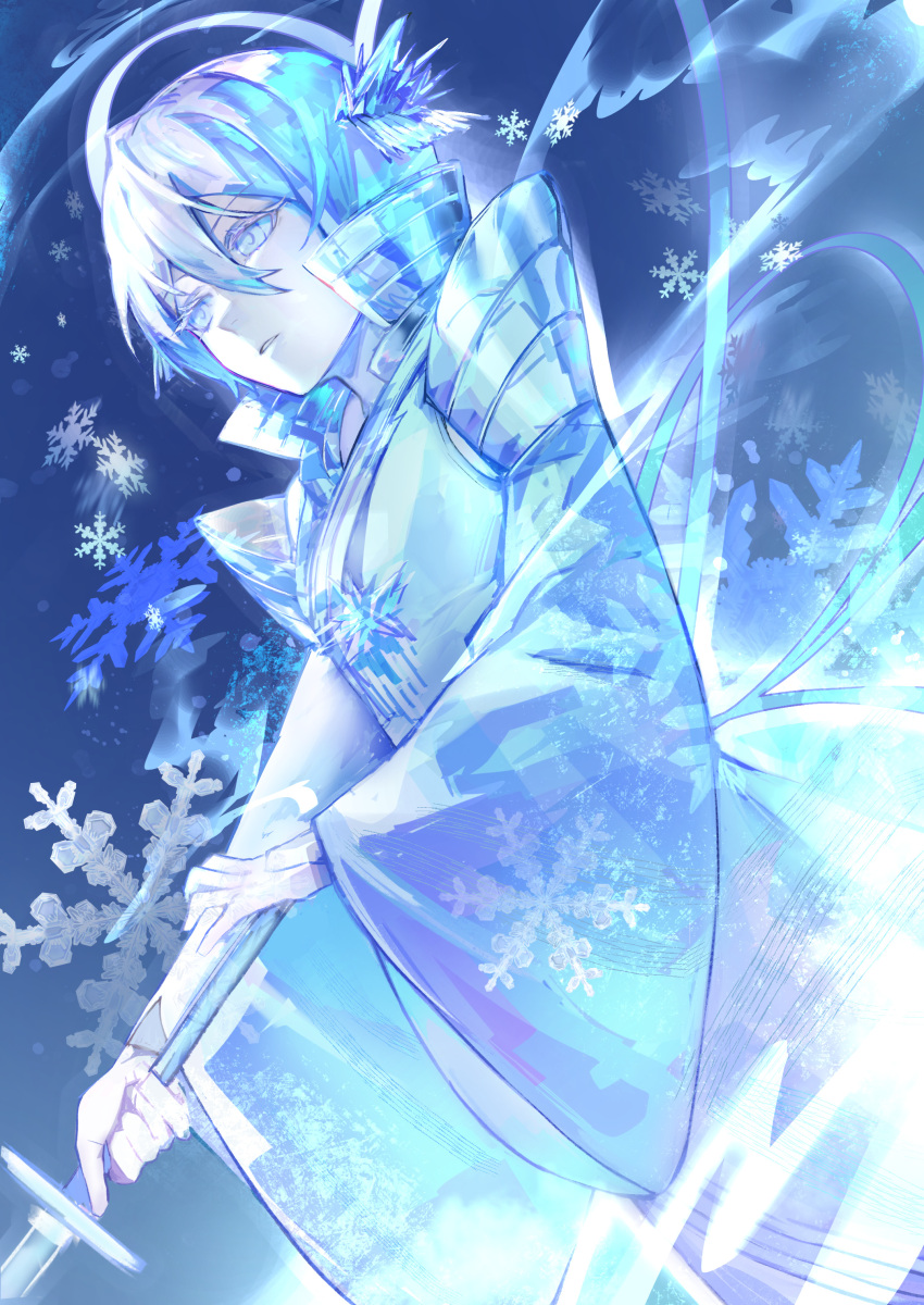 1girl, absurdres, bleach, bleach:_the_thousand-year_blood_war, blue_theme, bob_cut, closed_mouth, hair_ornament