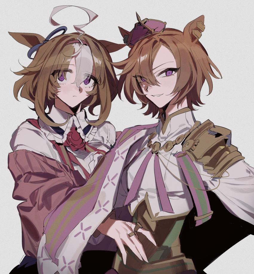 2girls, @_@, absurdres, ahoge, animal_ear_piercing, animal_ears, armor, asymmetrical_bangs
