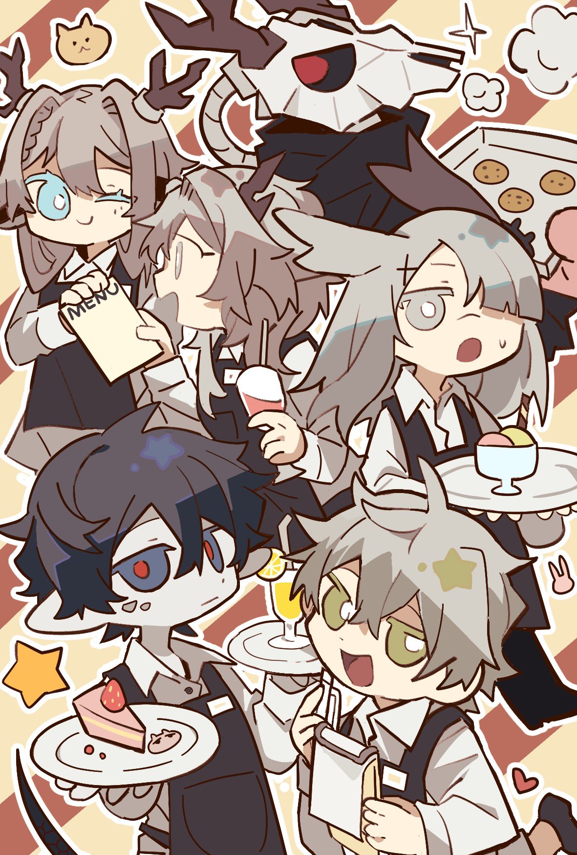 3boys, 3girls, alina_(arknights), animal_ears, animal_skull, antlers, apron, arknights, black_apron, cake, chibi, collared_shirt, contemporary, cookie, cup, faust_(arknights), food, frostnova_(arknights), green_eyes, grey_hair, highres, holding, holding_cup, holding_menu, holding_notepad, holding_pen, holding_tray, horns, ice_cream, long_hair, long_sleeves, looking_at_viewer, menu, mephisto_(arknights), multiple_boys, multiple_girls, notepad, open_mouth, patriot_(arknights), pen, rabbit_ears, shirt, smile, snake_tail, south_ac, tail, talulah_(arknights), tray, very_long_hair, white_hair, white_shirt