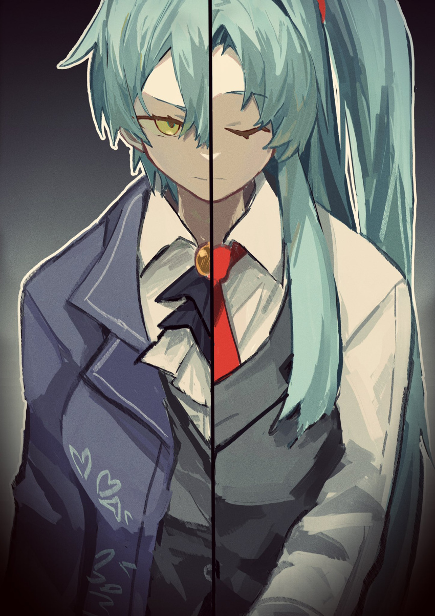 2girls, angela_(project_moon), ascot, black_vest, blue_coat, blue_hair, breasts, closed_eyes