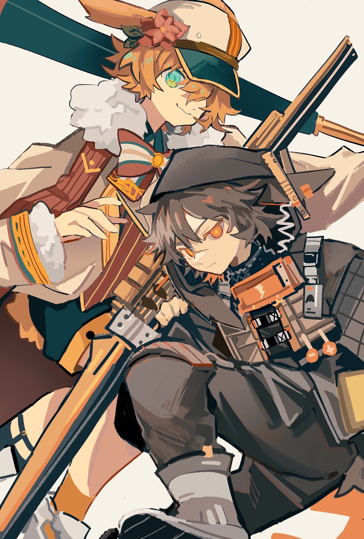 2boys, animal_ears, aqua_eyes, arknights, ayerscarpe_(arknights), black_socks, blonde_hair, boots